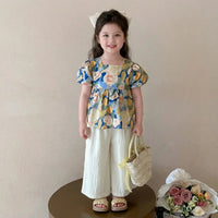 Girls Yellow Floral Print Puff Sleeve Top With Pants Sets Sets Yellow 1-2 Y