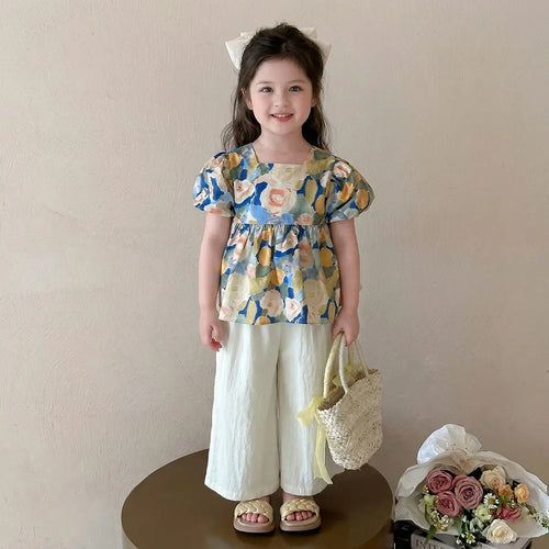 Girls Yellow Floral Print Puff Sleeve Top With Pants Sets Sets Yellow 1-2 Y