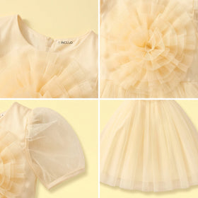 Girls Yellow Floral Applique Puff Sleeve Fit & Flare Party Dress Party Dresses