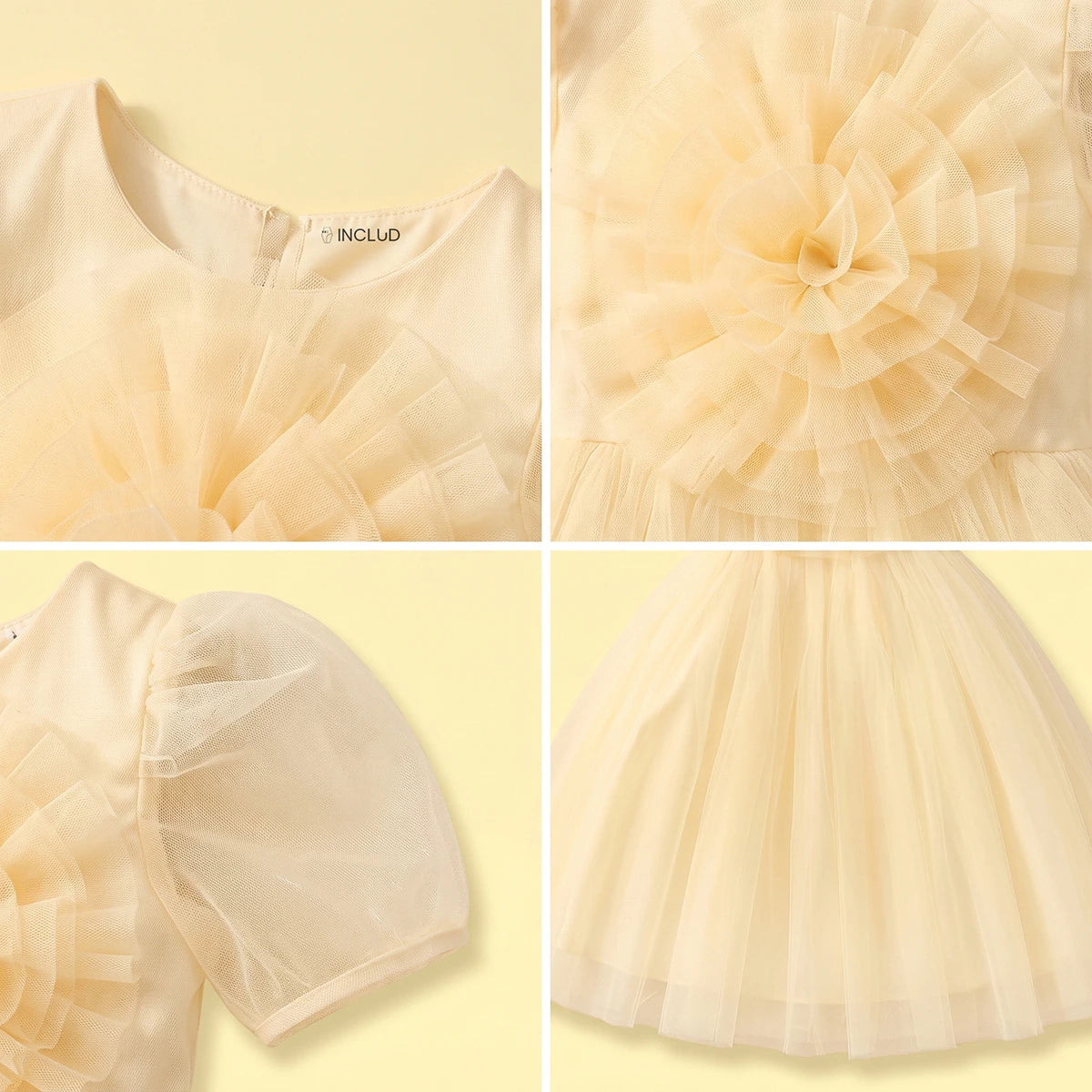 Girls Yellow Floral Applique Puff Sleeve Fit & Flare Party Dress Party Dresses
