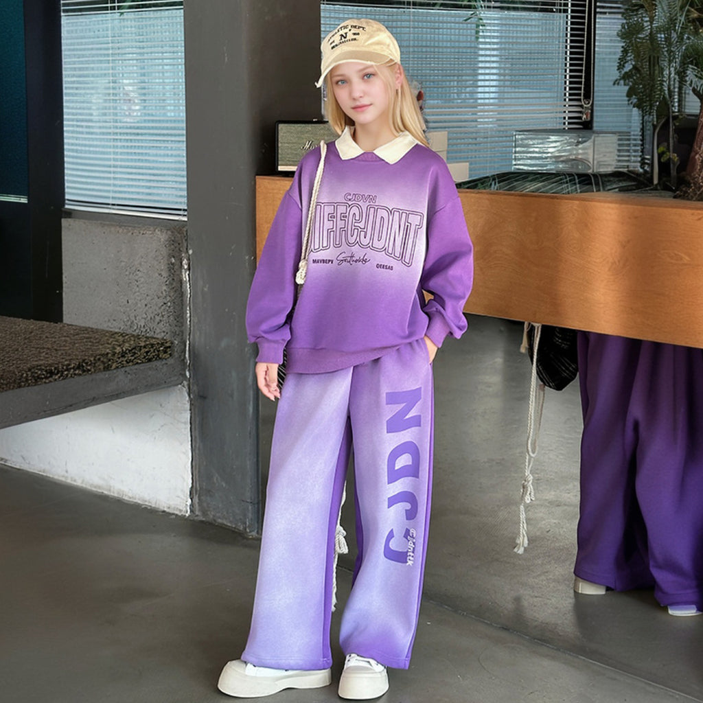 Girls Purple Typographic Printed Winter Sweatshirt With Pants Sets 2 pc. Sets