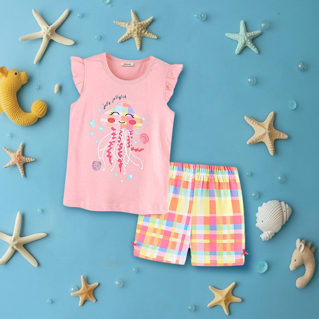 Girls Jellyfish Applique Top With Check Shorts