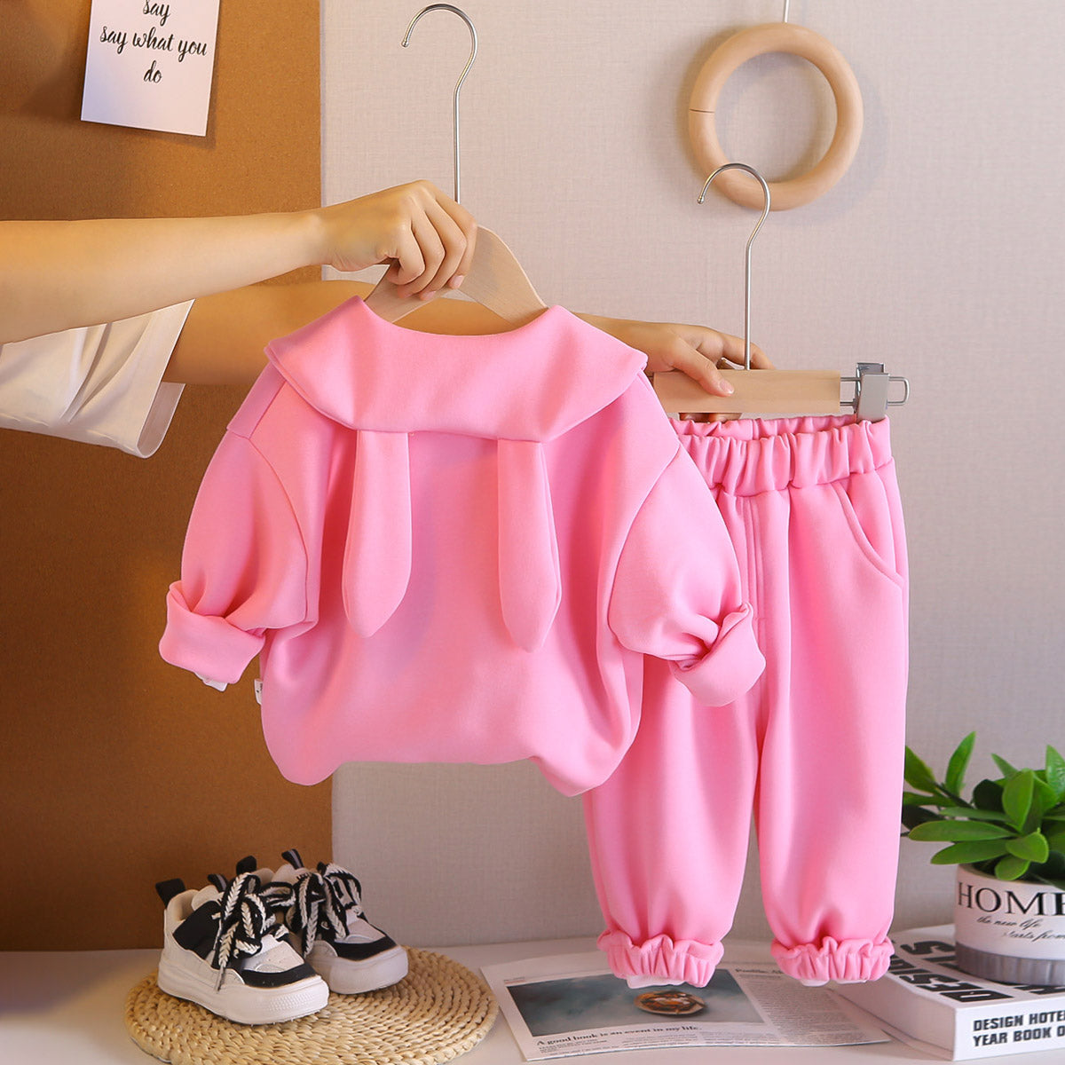 Girls Pink Solid Jacket With Joggers Co-ord Set 2 pc. Sets