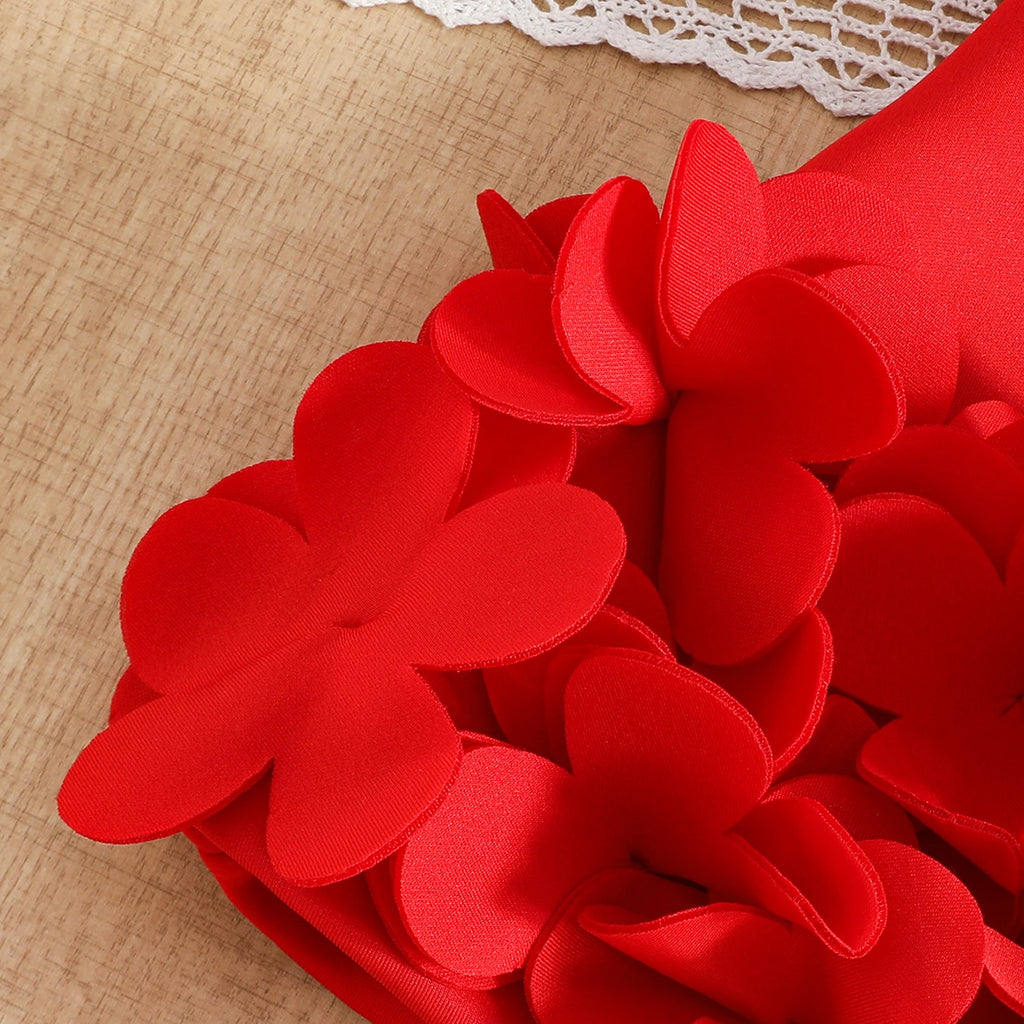Girls Red Solid A-line Party Dress With Flower Appliques Party Dresses