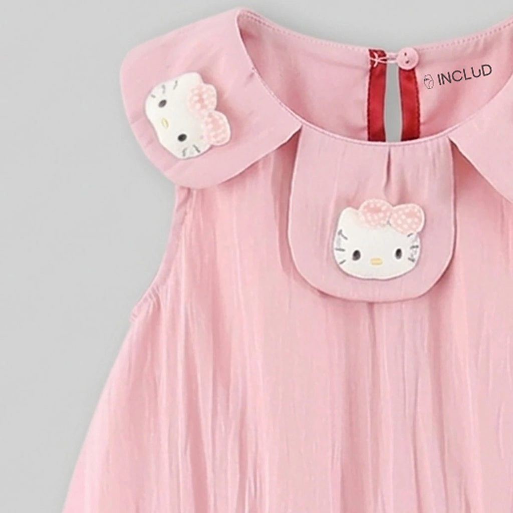 Girls Pink Kitty Applique Peter Pan Collar Balloon Dress Casual Dresses