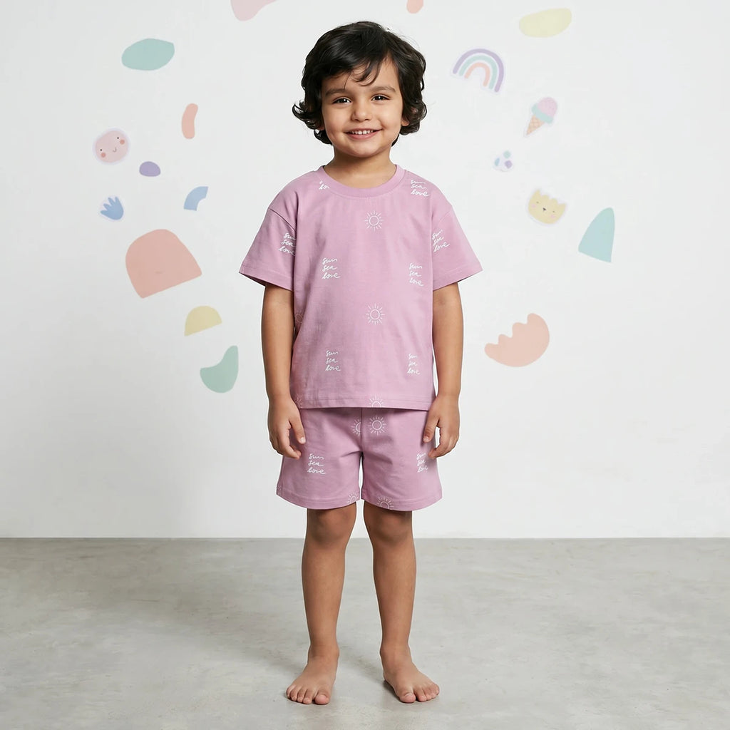 Boys Lilac Sun Printed Short Sleeve T-Shirt With Elasticated Shorts Sets Sets Lilac 6-9 M