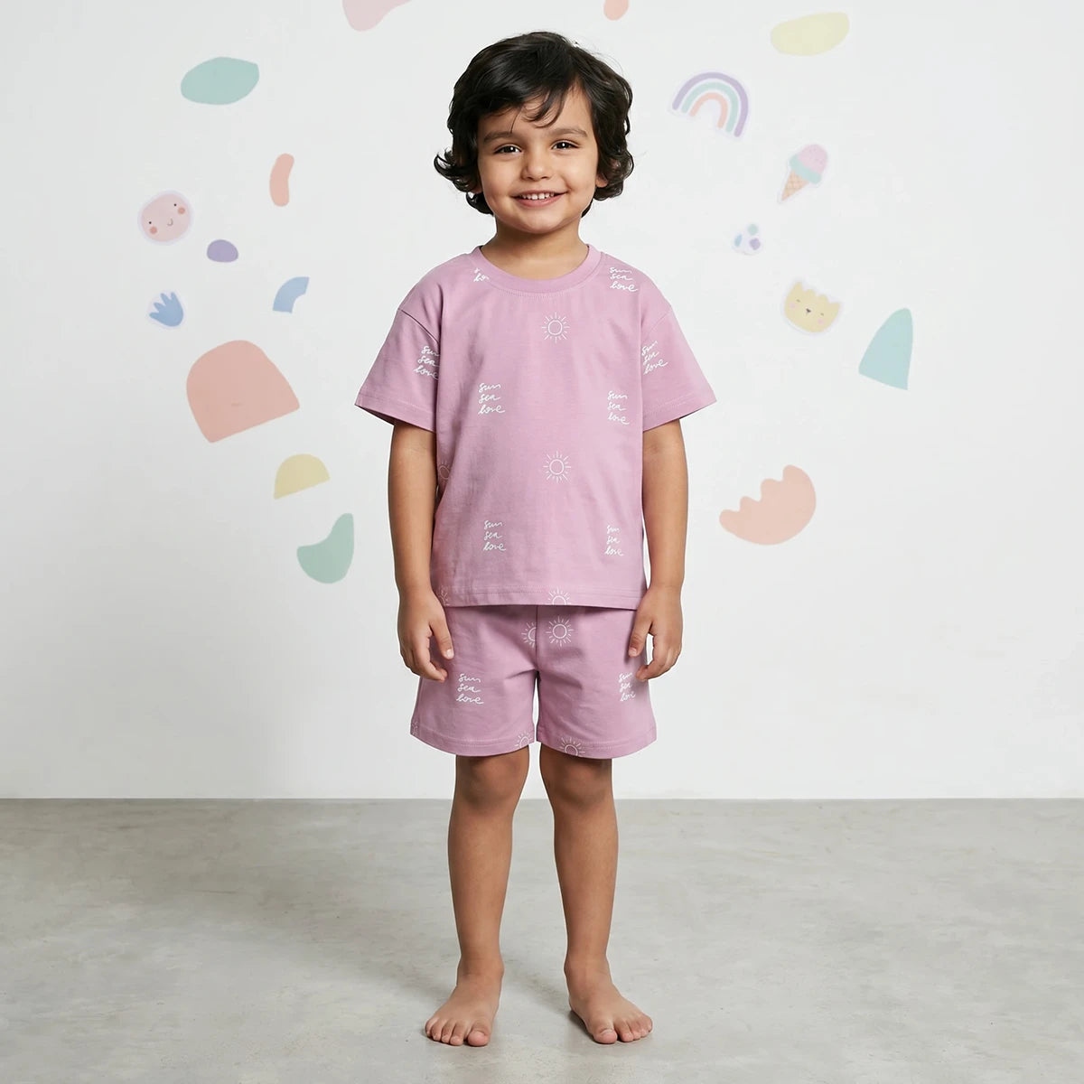 Boys Lilac Sun Printed Short Sleeve T-Shirt With Elasticated Shorts Sets Sets Lilac 6-9 M