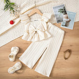 Girls Apricot Self Stripe Peplum Top With Pants Co-ord Sets