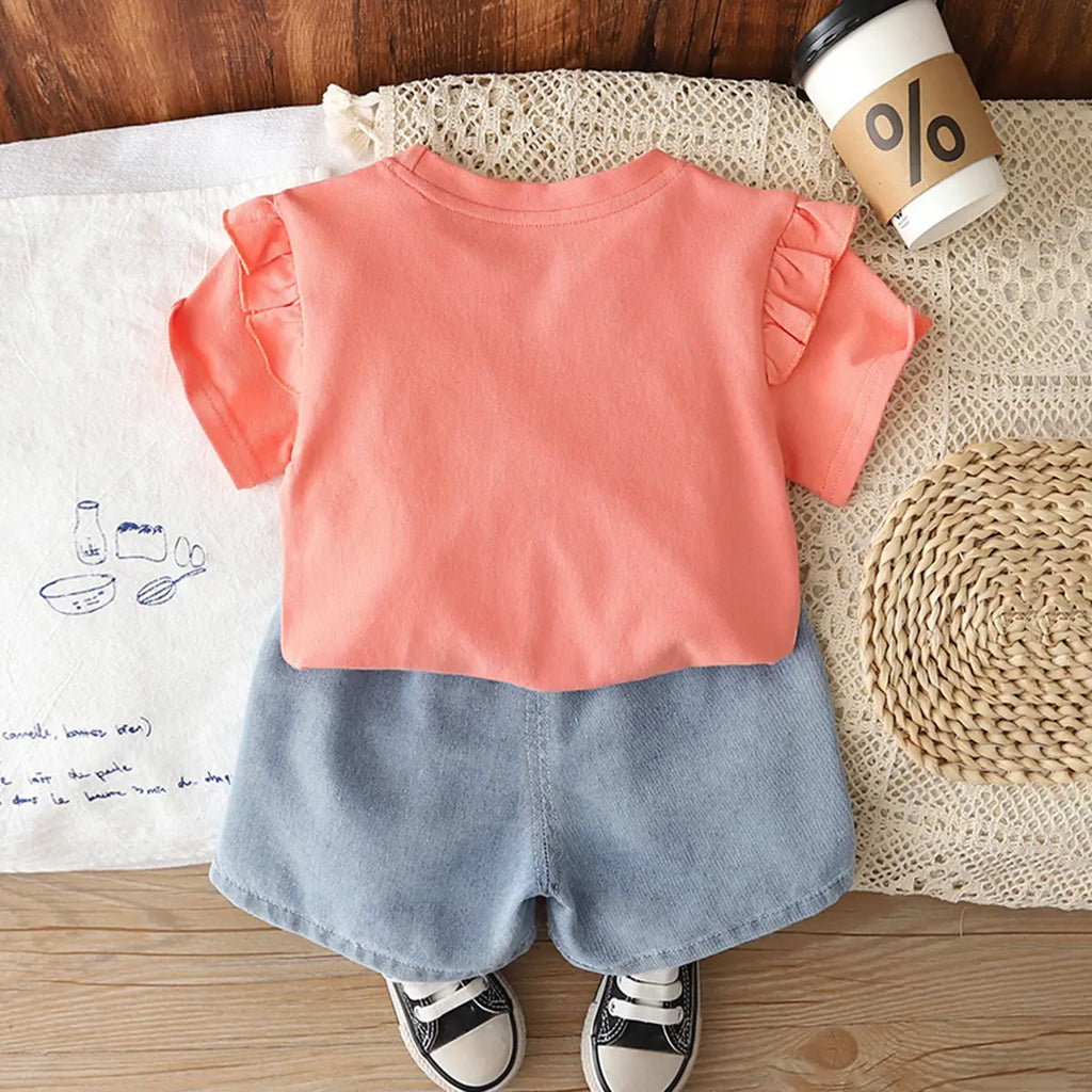 Girls Peach Bow Applique Flutter Sleeve Top With Denim Shorts Sets 2 pc. Sets