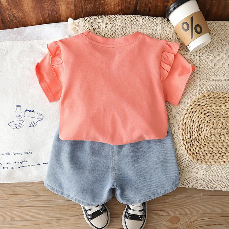 Girls Peach Bow Applique Flutter Sleeve Top With Denim Shorts Sets 2 pc. Sets