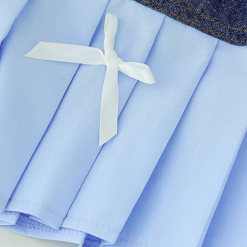 Girls Light Blue Ruffle Neck Top With Pleated Skirt Sets Sets
