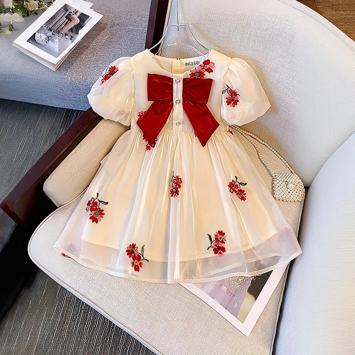 Girls Beige Embroidered Puff Sleeves Fit & Flare Party Wear Dress Party Dresses Beige 1-2 Y