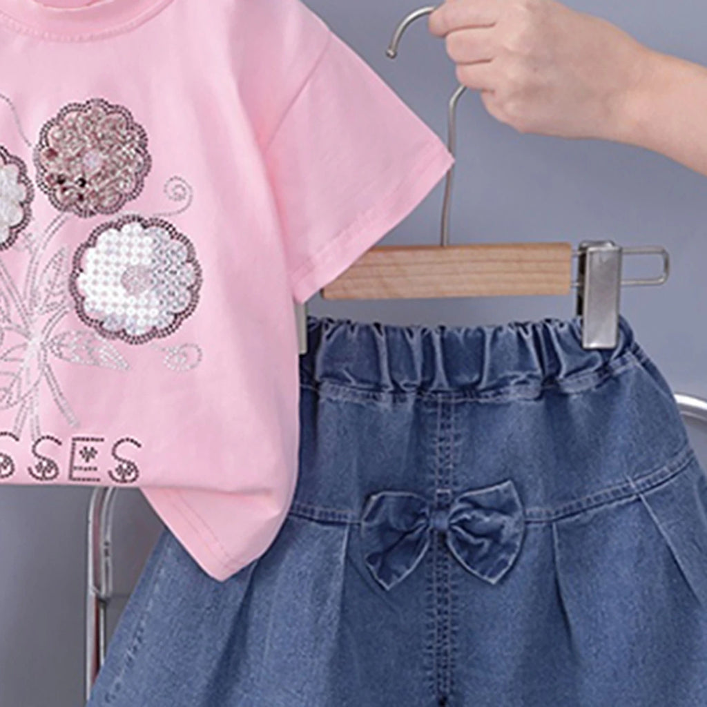 Girls Pink Floral Embellished T-Shirt With Pleated Denim Shorts Set Sets