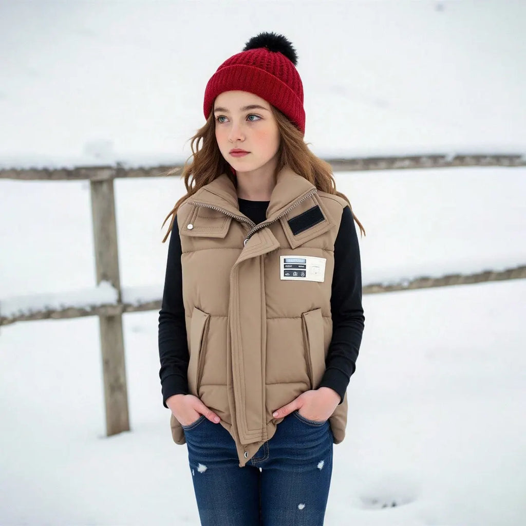 Girls Brown Hooded Sleeveless Zip-up Puffer Vest Coats & Jackets