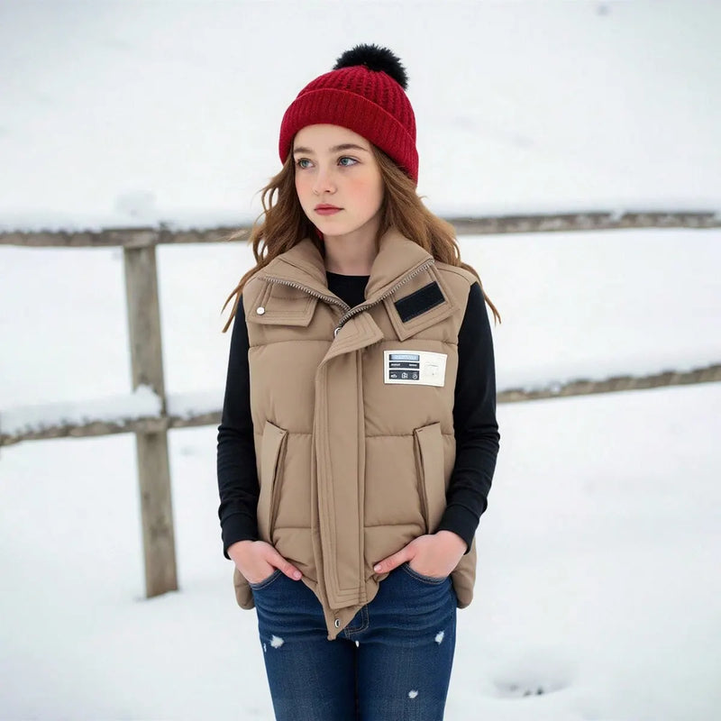 Girls Brown Hooded Sleeveless Zip-up Puffer Vest Coats & Jackets