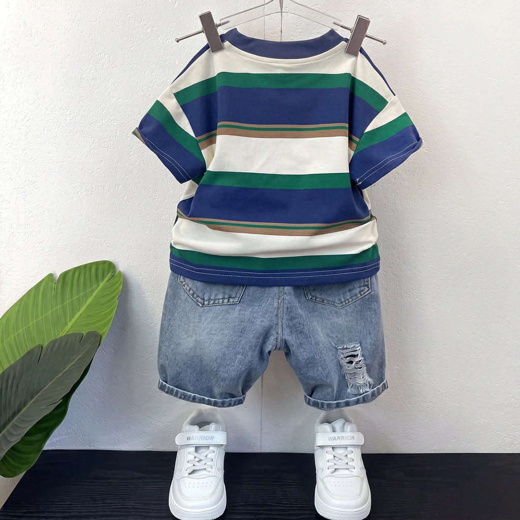 Boys Blue Striped Short Sleeve T-Shirt With Denim Shorts Sets 2 pc. Sets