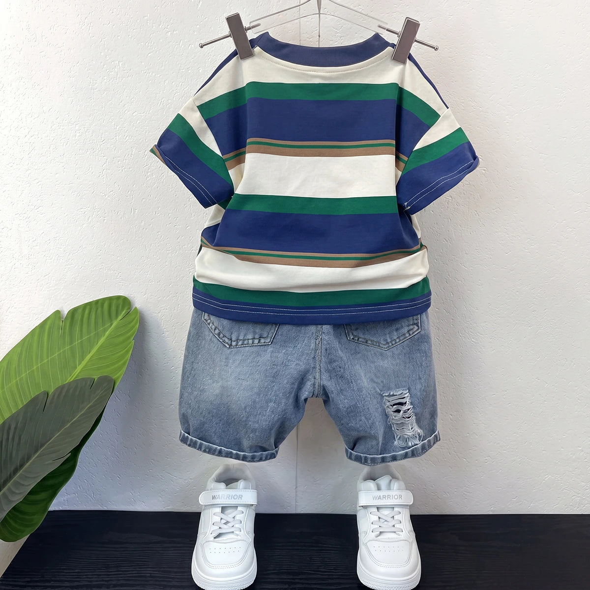 Boys Blue Striped Short Sleeve T-Shirt With Denim Shorts Sets 2 pc. Sets