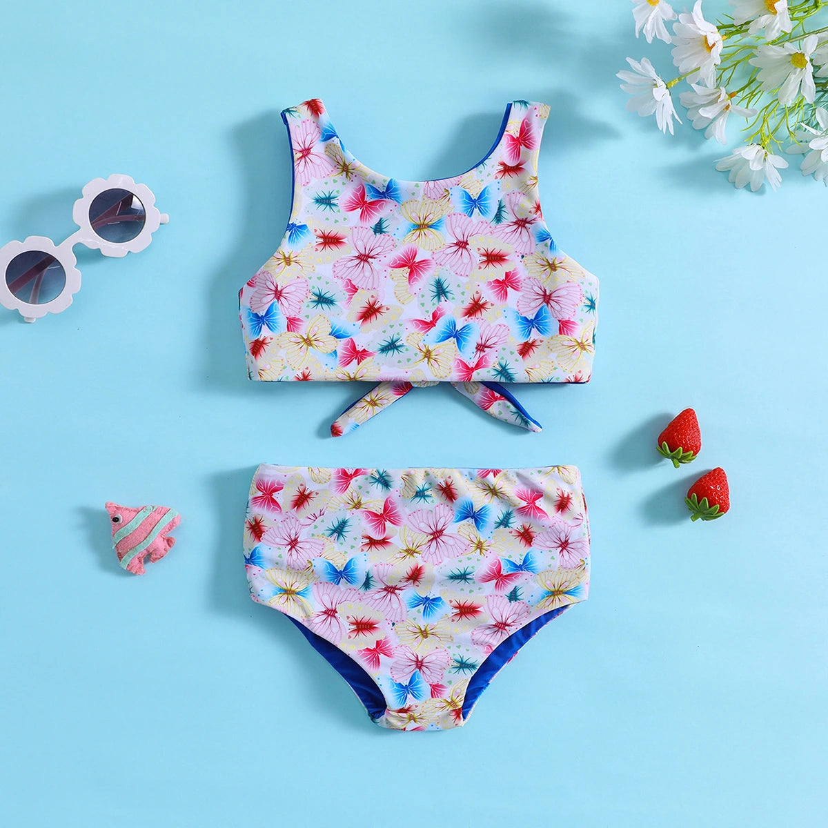 Girls Multicolor Butterfly Print Sleeveless Top With Briefs Swimwear Sets Sets Multicolor 1-2 Y