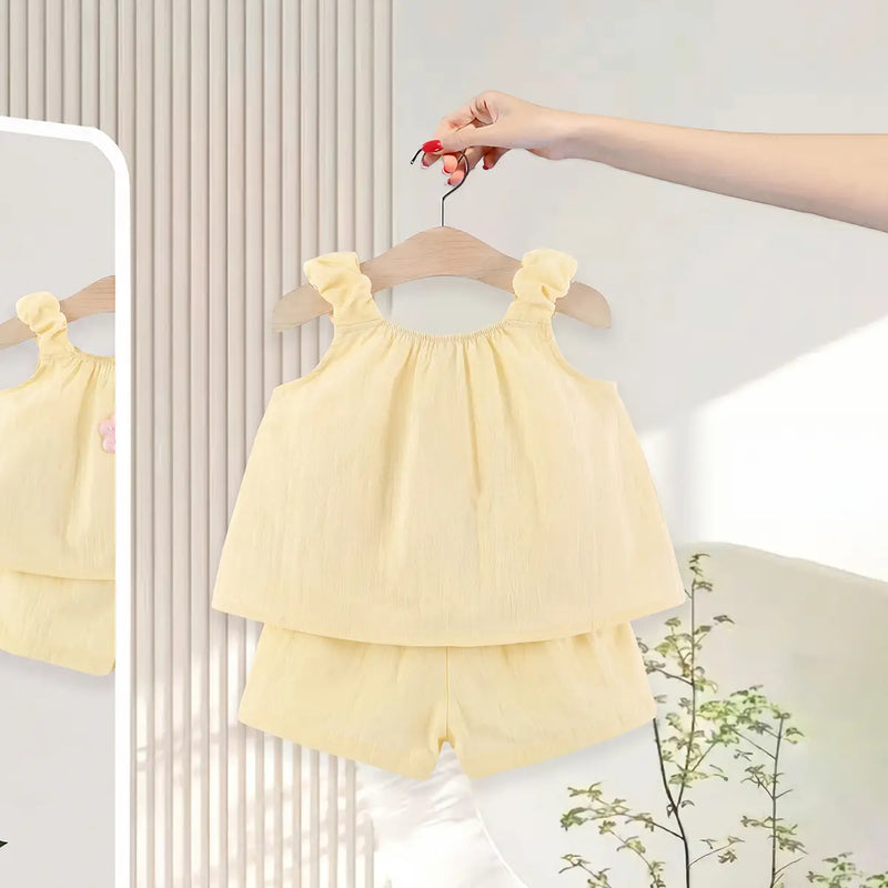 Girls Yellow Flower Applique Ruffle Top With Elasticated Shorts Sets 2 pc. Sets
