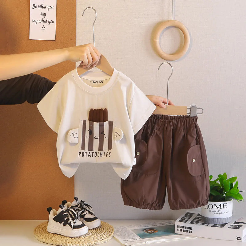Boys Dark Brown Typographic Printed T-Shirt With Shorts Set Sets Dark Brown 1-2 Y
