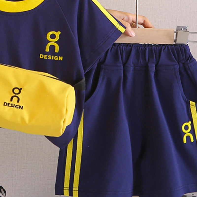Boys Navy Blue Printed Short Sleeve T-Shirt With Elasticated Shorts Sets Sets