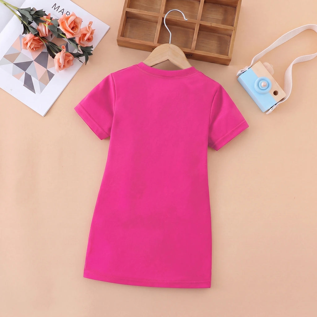 Girls Fuchsia Heart Print Short Sleeve T-Shirt Dress Casual Dresses