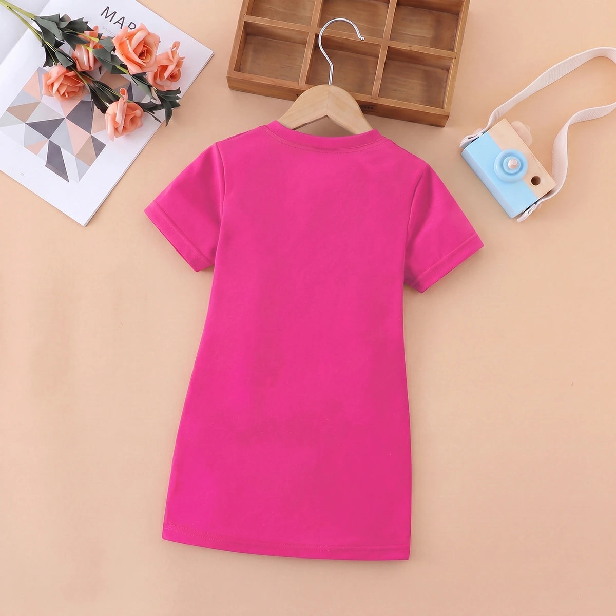 Girls Fuchsia Heart Print Short Sleeve T-Shirt Dress Casual Dresses