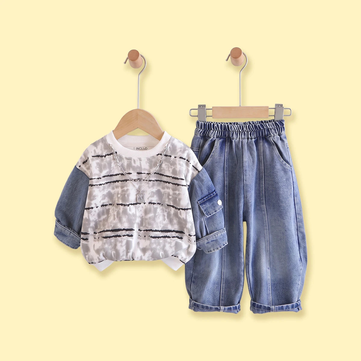 Boys Grey Striped Sweatshirt With Denim Pants Sets 2 pc. Sets Grey 1-2 Y