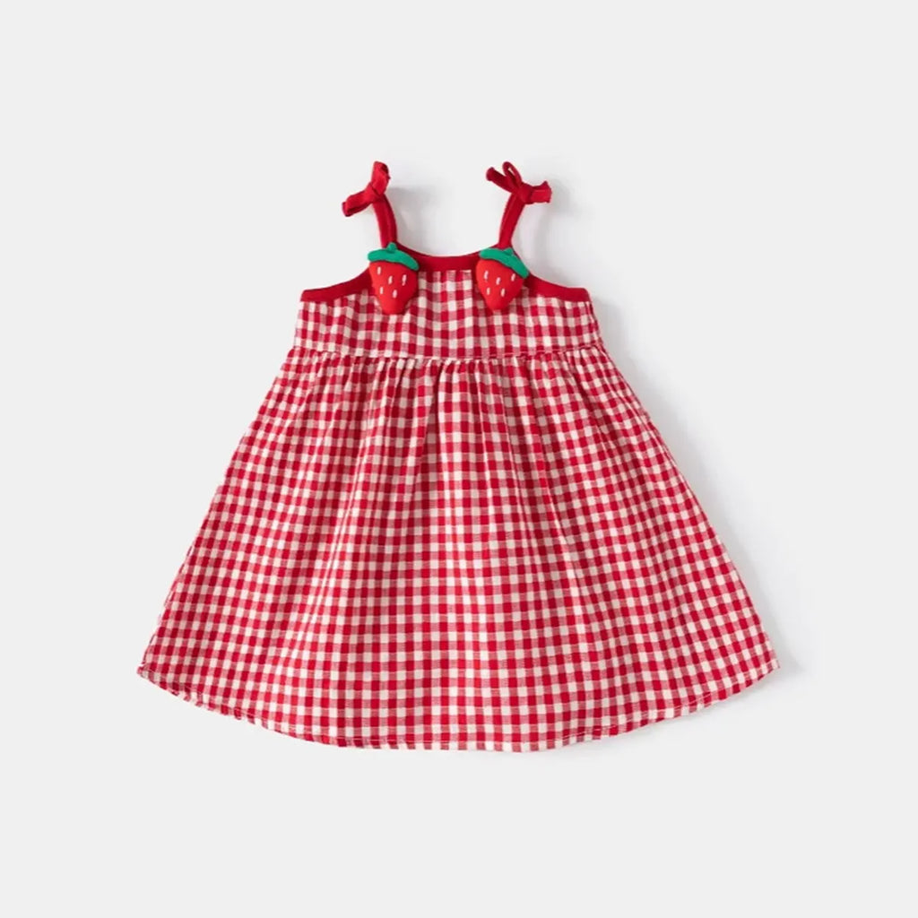 Girls Red Checked Sleeveless A-line Dress With Strawberry Appliques Casual Dresses