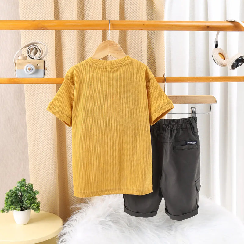 Boys Mustard Printed Short Sleeve T-Shirt With Elasticated Shorts Sets 2 pc. Sets