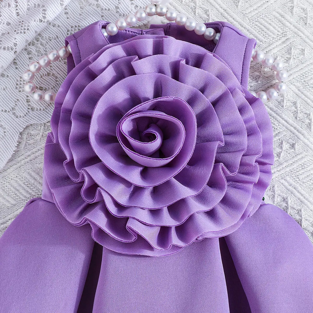 Girls Purple Sleeveless Dress with 3D Flower Embellishment Casual Dresses