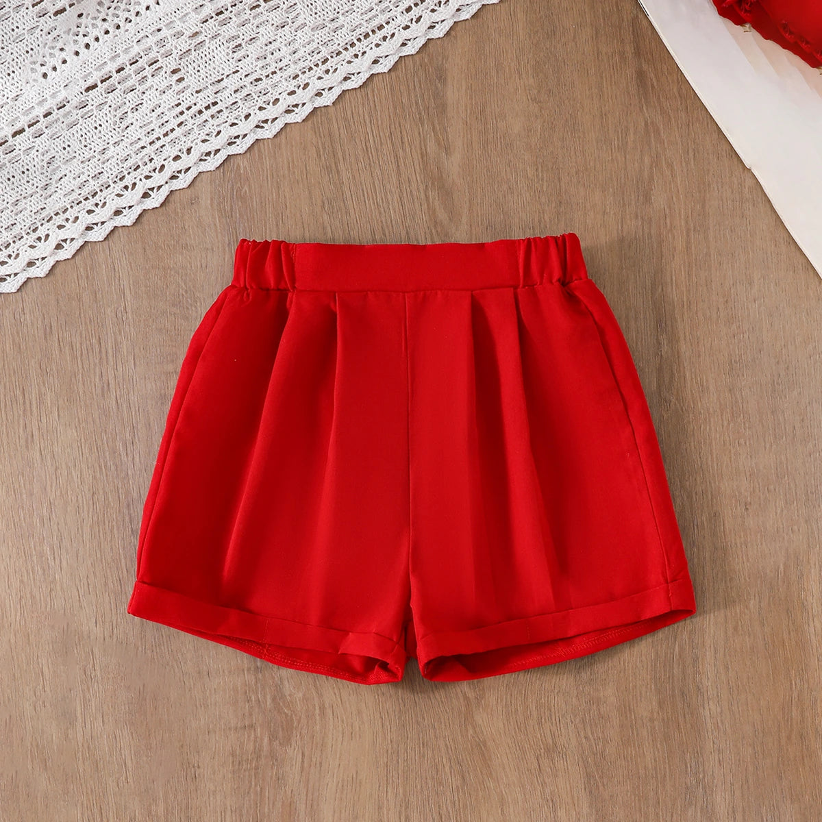 Girls 3D Flower Applique Halter Top With Red Shorts Set Sets