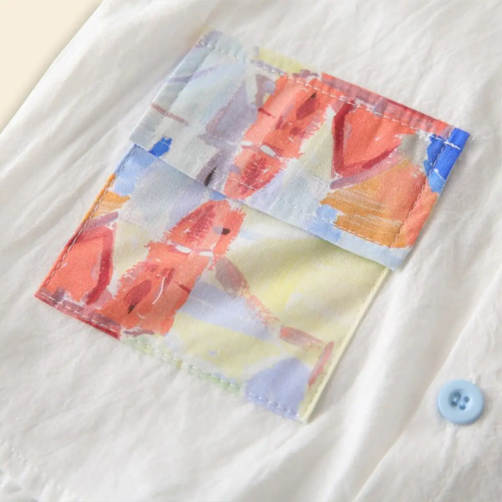 Boys White Short Sleeves Shirt With Abstract Printed Patch Pockets Shirts