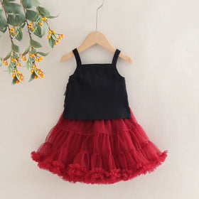 Girls Ruffle Sleeveless Top With Maroon Tiered Tulle Skirts Set Sets