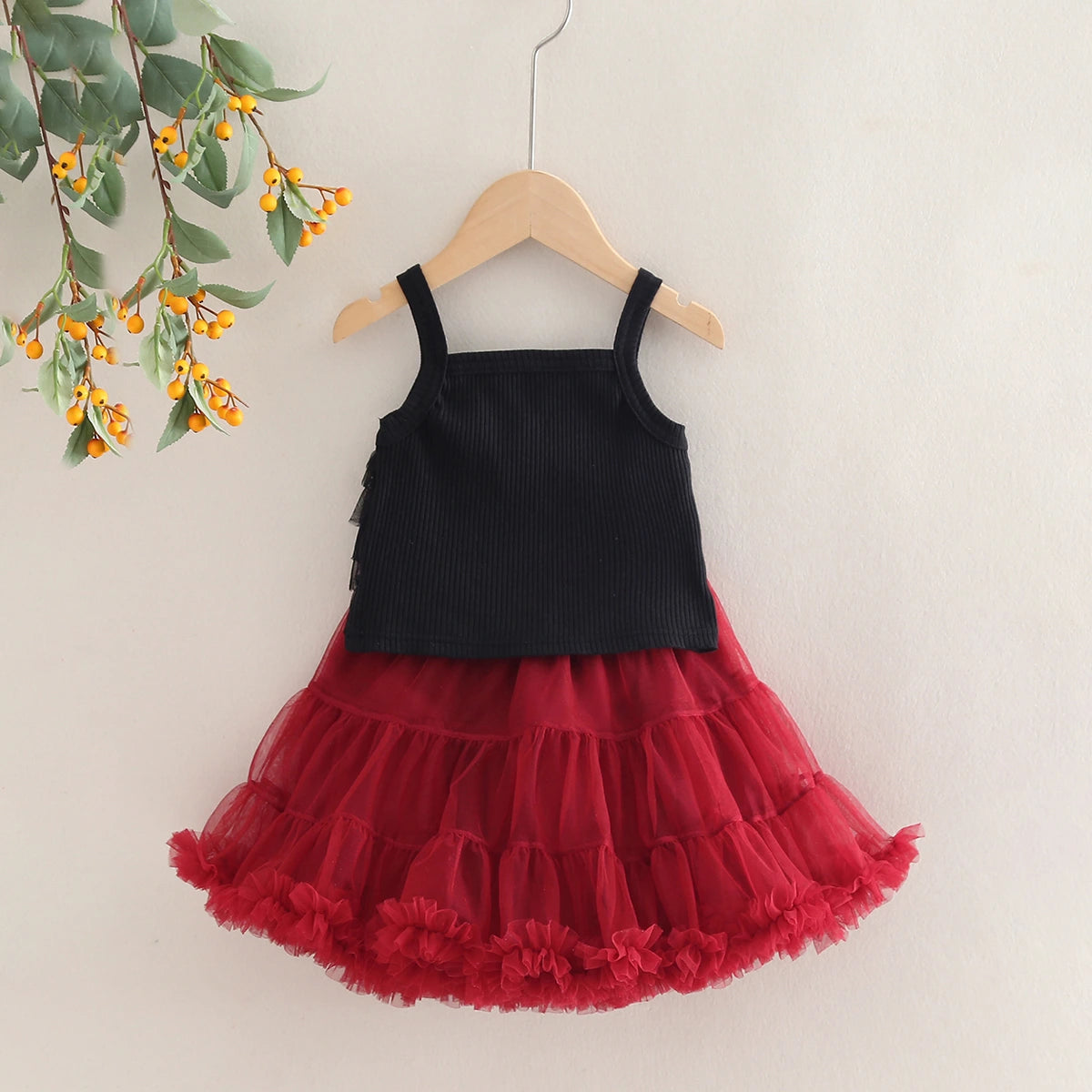 Girls Ruffle Sleeveless Top With Maroon Tiered Tulle Skirts Set Sets