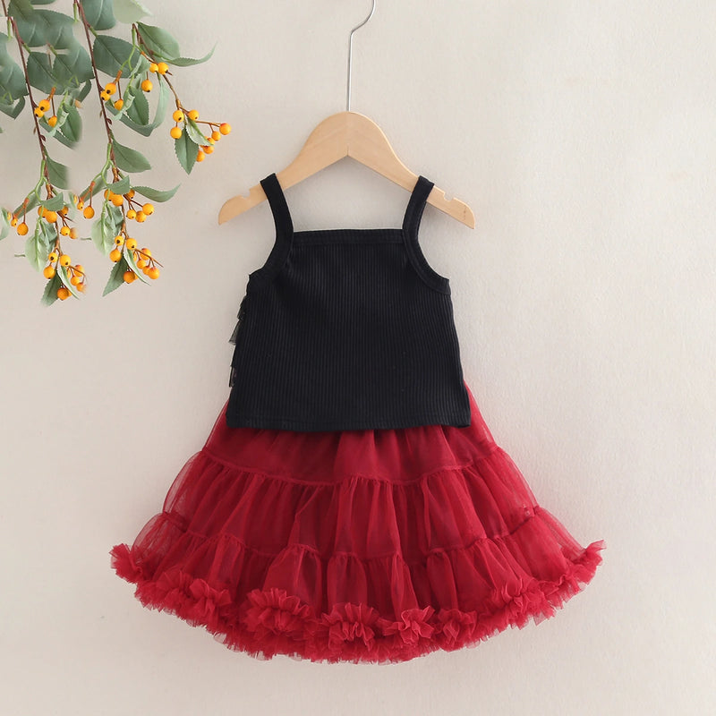 Girls Ruffle Sleeveless Top With Maroon Tiered Tulle Skirts Set Sets
