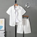 Boys White Self Designed Shirt With Shorts Set 2 pc. Sets White 7-8 Y