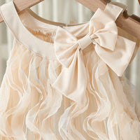 Girls Apricot Bow Applique A-line Dress With Wave Mesh Ruffles Detail Casual Dresses