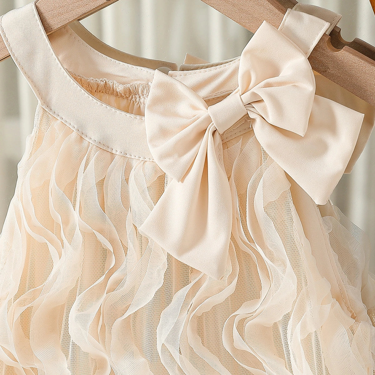 Girls Apricot Bow Applique A-line Dress With Wave Mesh Ruffles Detail Casual Dresses