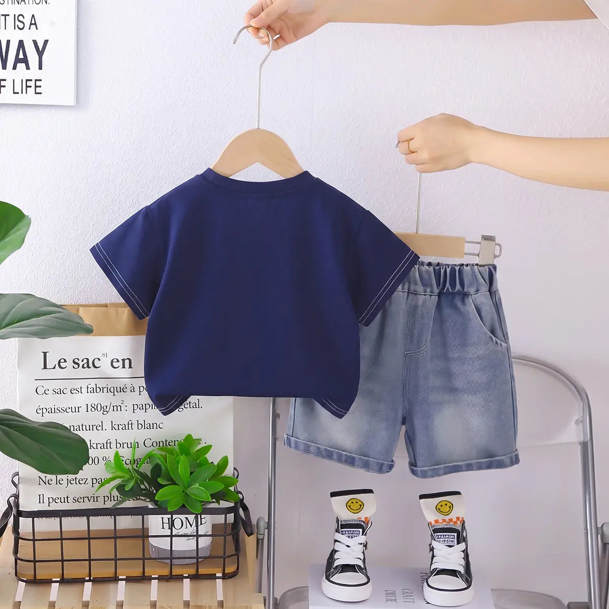Boys Blue Graphic T-Shirt With Denim Shorts Sets Sets