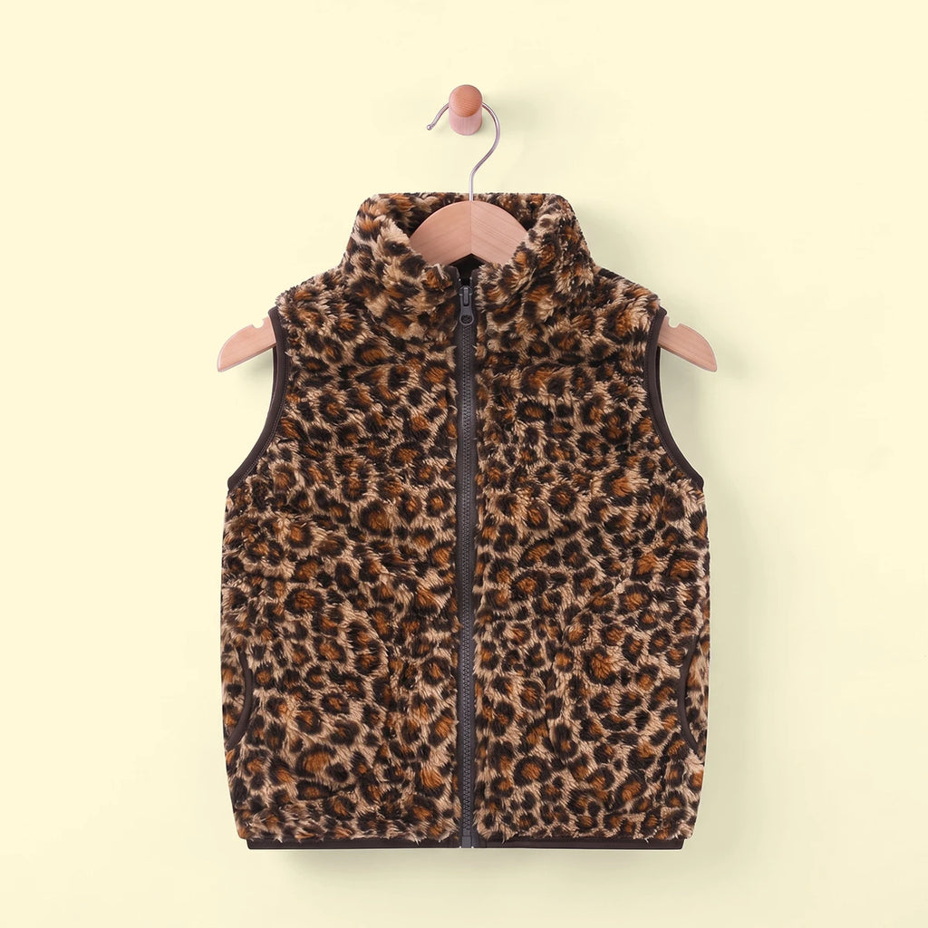 Girls Brown Fleece Leopard Print Sleeveless Jacket Coats & Jackets Brown 2-3 Y