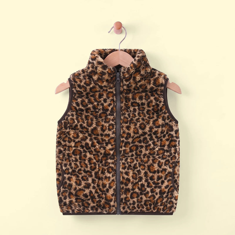 Girls Brown Fleece Leopard Print Sleeveless Jacket Coats & Jackets Brown 2-3 Y