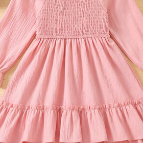 Girls Pink Smocked Yoke Puff Sleeve High-Low Dress Casual Dresses