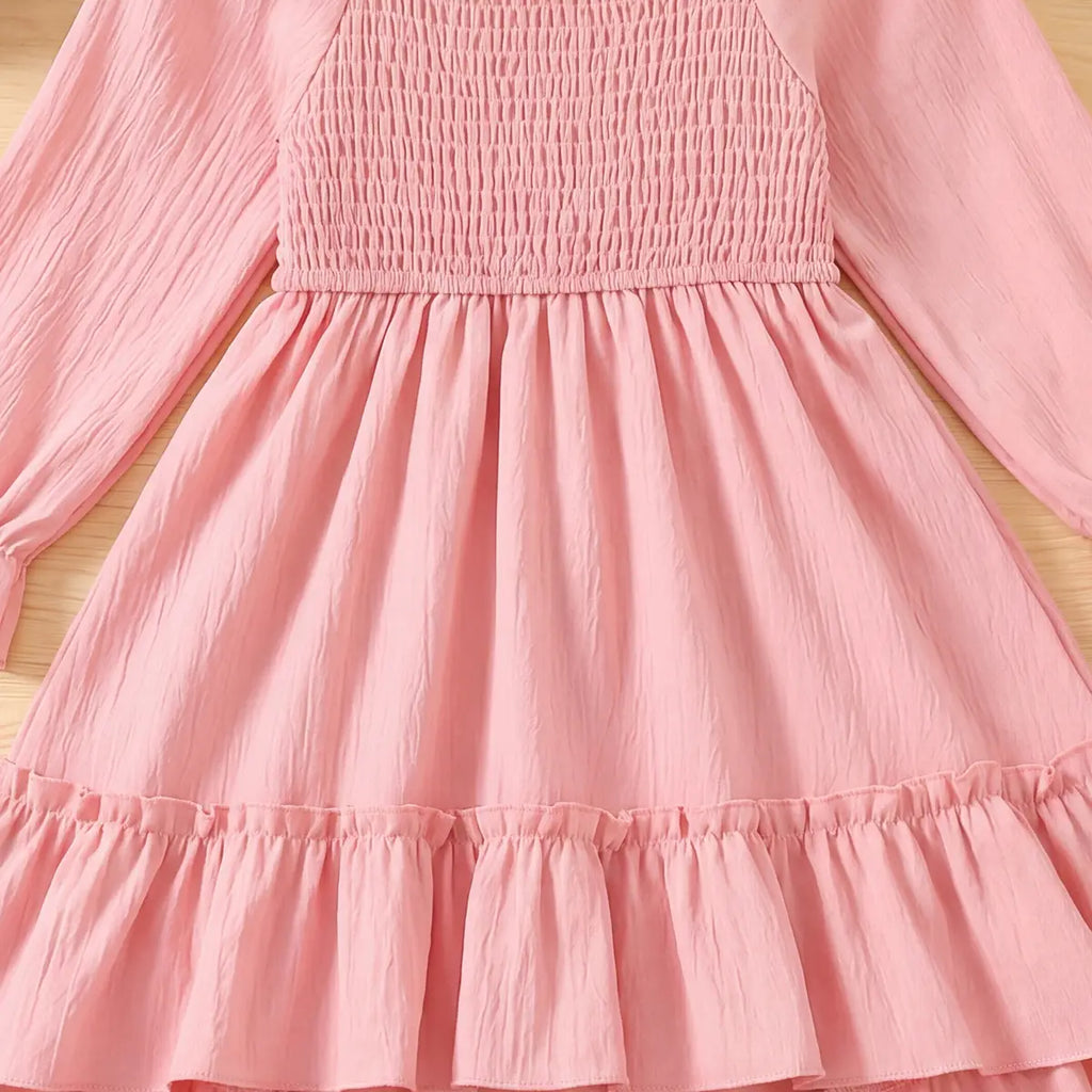 Girls Pink Smocked Yoke Puff Sleeve High-Low Dress Casual Dresses