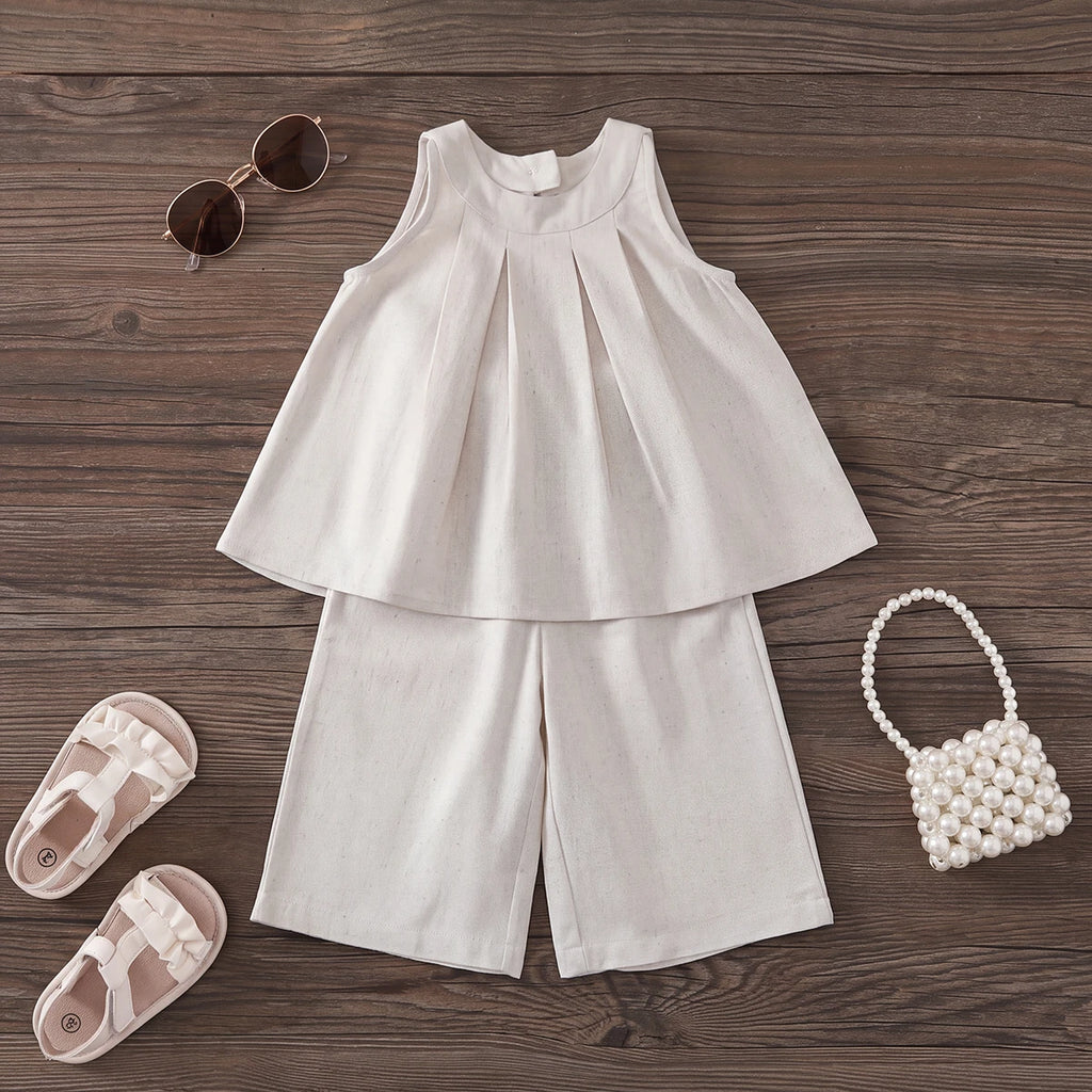 Girls Beige Pleated Sleeveless Top With Pants Sets 2 pc. Sets Beige 1-2 Y
