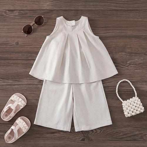 Girls Beige Pleated Sleeveless Top With Pants Sets 2 pc. Sets Beige 1-2 Y
