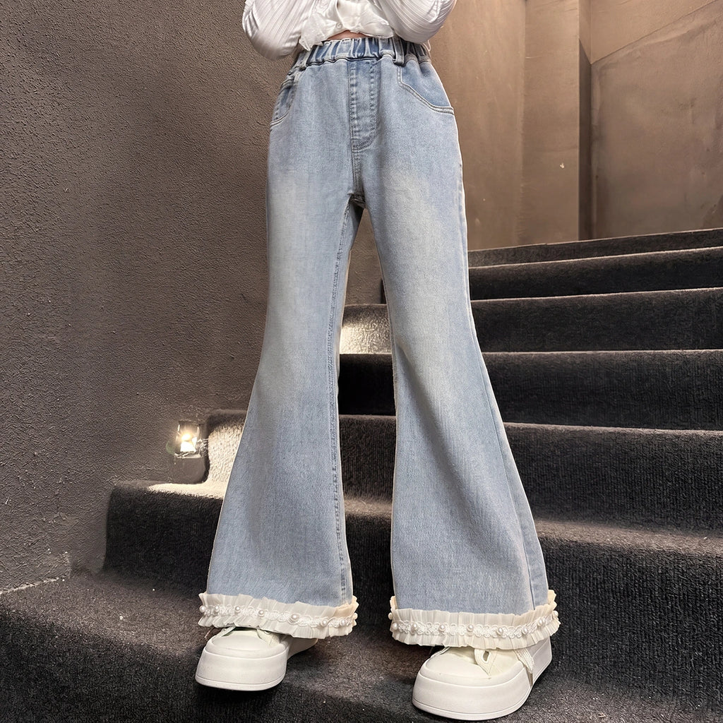 Girls Light Blue Flared Denim Jeans With Ruffle Hem Pants