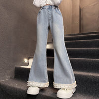 Girls Light Blue Flared Denim Jeans With Ruffle Hem Pants