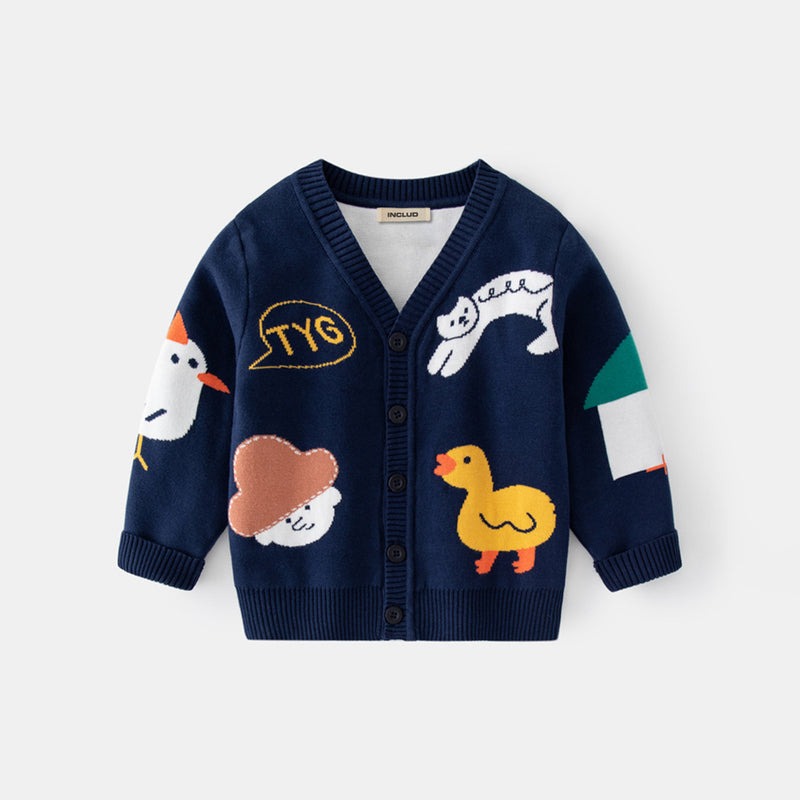 Boys Navy Blue Knitted Cardigan with Self-Design Animal Patterns Sweaters & Cardigans