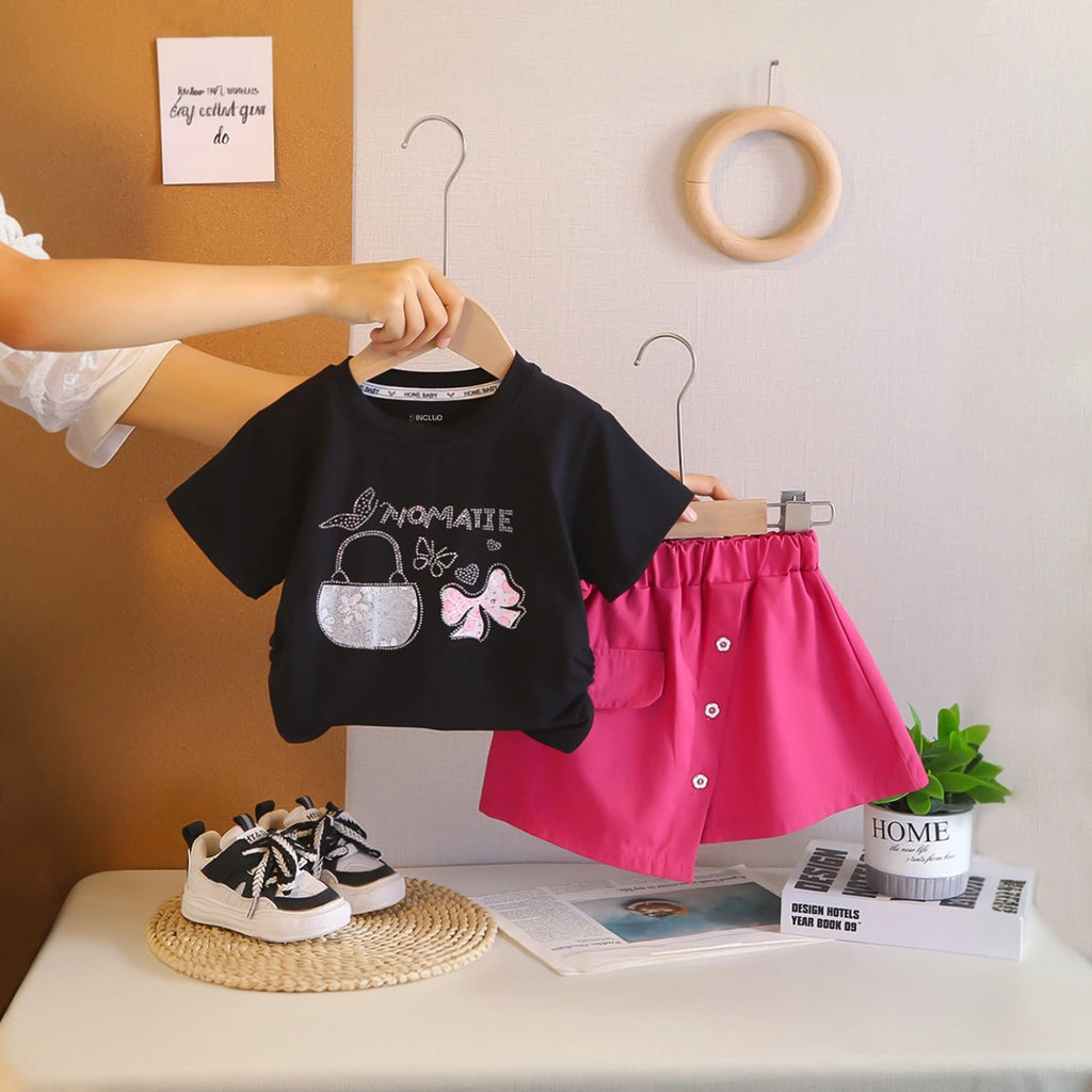 Girls Pink Handbag Graphic Short Sleeve T-Shirt With Asymmetric Shorts Sets 2 pc. Sets Black 1-2 Y